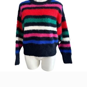 Striped Multicolor Fuzzy Crewneck Sweater - Navy, Red, Green, Pink, Blue, White